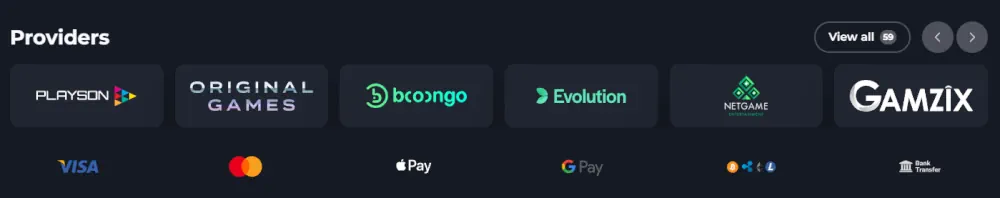 FelixSpin proveedores de software de primer nivel incluyendo Playson y Evolution Gaming.